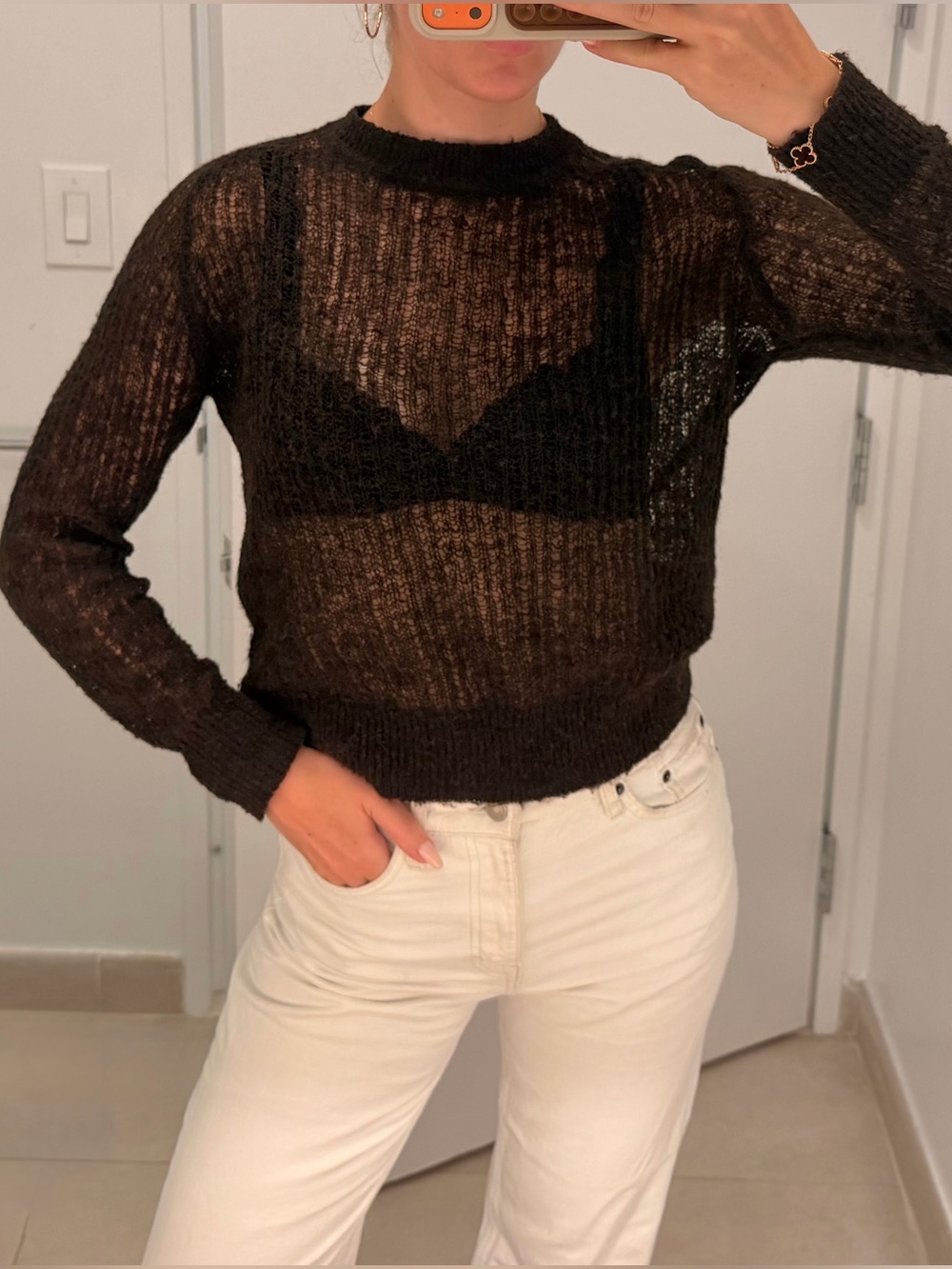 Zara Black Sheer Ribbed Crew Sweater